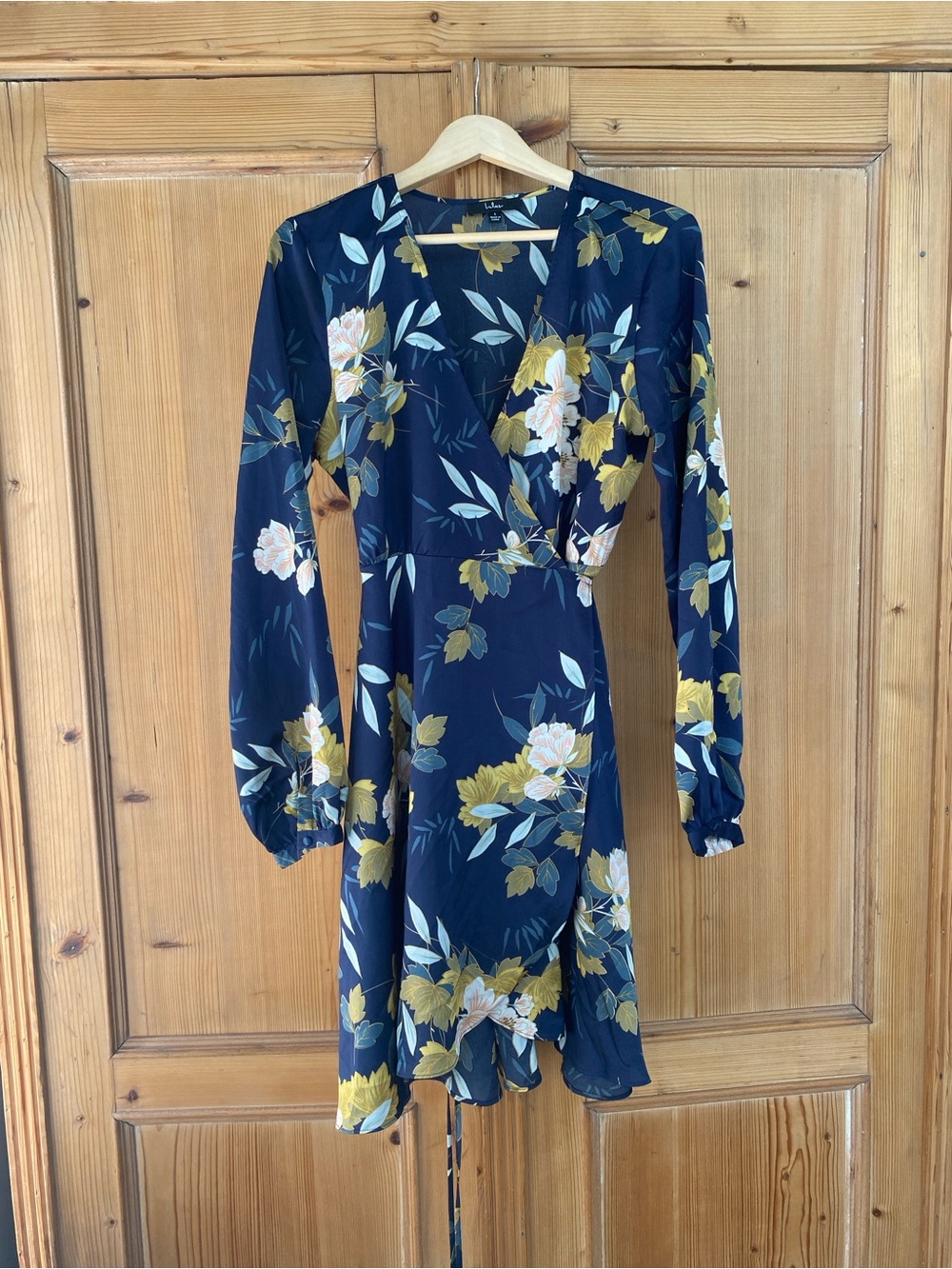 Lulus Navy Floral Wrap Dress | Long Sleeve Tie Waist Midi | Wedding Guest Dress